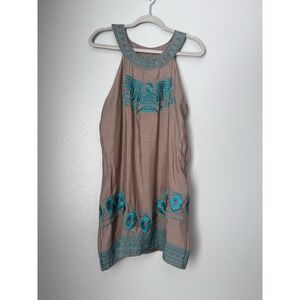 Urban Mangoz Women's M Sleeveless Dress Tan Turquoise Embroidered Casual Tunic‎